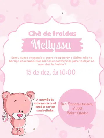 Convite Chá De Fraldas Ursinha Branco editável e personalizável