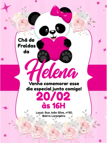 Convite Pink Panda Bear Baby Shower para baby shower. – tema diaper shower (pink, floral, modern, cute, white, black)