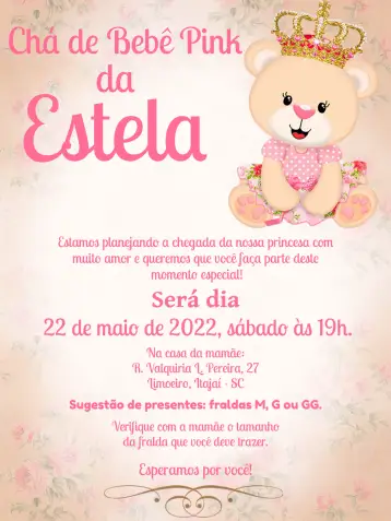 Convite Baby Shower Princesa Osita para baby shower para celebrar la llegada de una niña. – tema baby shower (rosa y blanco, realeza, floral, tierno, delicado, moderno)