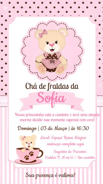 Convite Chá De Fraldas Ursinha Princesa para chá de fraldas para meninas. – tema chá de fraldas (pastel, princesa, ursinha, floral, dourado, infantil)