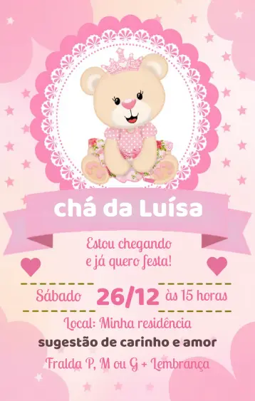 Convite Chá De Fraldas Ursinha Princesa Estrela editável e personalizável