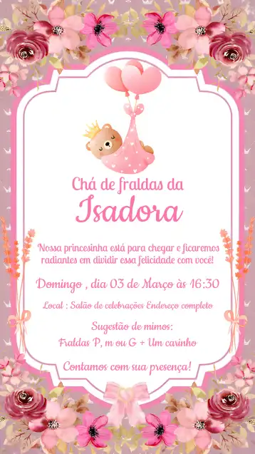 Convite Chá De Fraldas Ursinha Princesa Flores editável e personalizável