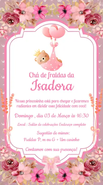 Convite Chá De Fraldas Ursinha Princesa Flores para chá de fraldas para menina. – tema chá de fraldas (floral, rosa, princesa, lúdico, menina, infantil)
