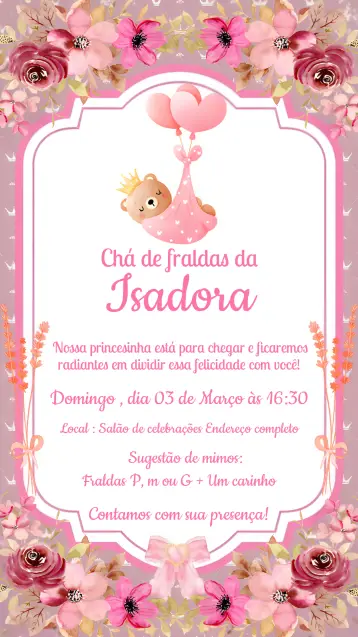 Convite Chá De Fraldas Ursinha Princesa Flores para chá de fraldas para menina. – tema chá de fraldas (floral, rosa, princesa, lúdico, menina, infantil)