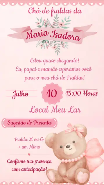 Convite Chá De Fraldas Ursinha Princesa Infantil para chá de bebê com tema de ursinha princesa. – tema chá de fraldas (rosa, princesa, ursinha, infantil, delicado, fofo)