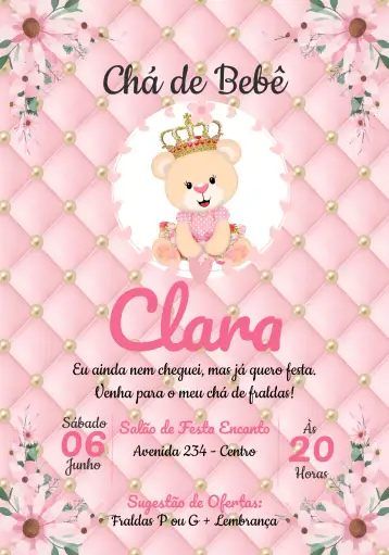 Convite Baby Shower Osita Princesa Niña para baby shower para niñas. – tema baby shower (floral, rosa, dorado, infantil, princesa, delicado)