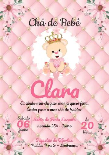 Invitación Baby Shower Osita Princesa Niña editable y personalizable