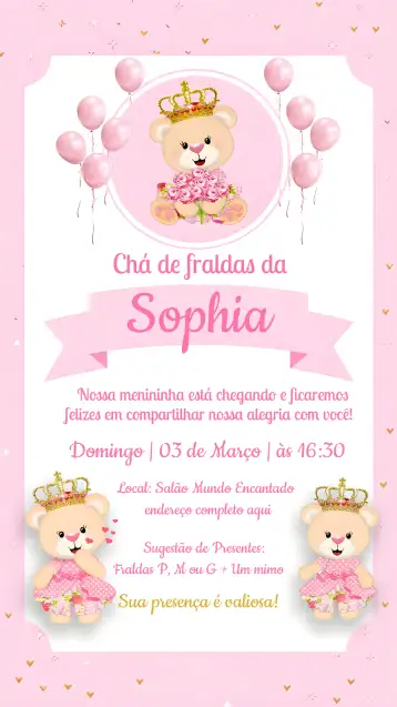 Convite Chá De Fraldas Ursinha Princesa Rosa editável e personalizável