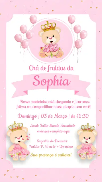 Convite Chá De Fraldas Ursinha Princesa Rosa para chá de bebê para a chegada de uma menina. – tema chá de fraldas (rosa, glitter, princesa, ursinha, corações, realeza)
