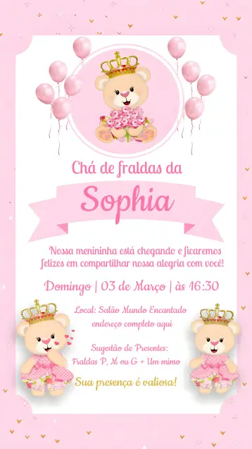 Convite Chá De Fraldas Ursinha Princesa Rosa para chá de bebê para a chegada de uma menina. – tema chá de fraldas (rosa, glitter, princesa, ursinha, corações, realeza)