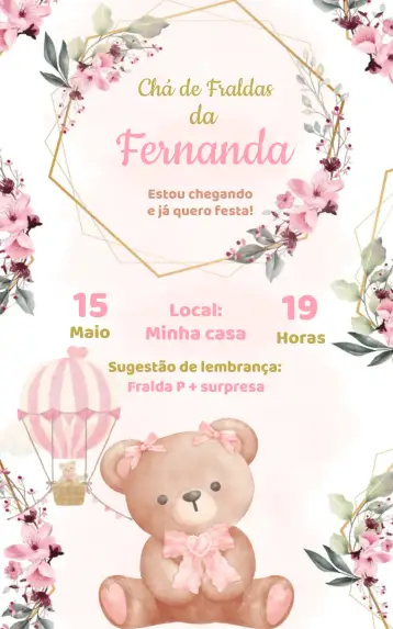 Convite Chá De Fraldas Ursinha Princesa - Rosa Com Dourado Bebê para chá de bebê – tema chá de fraldas (rosa, dourado, floral, infantil, princesa)