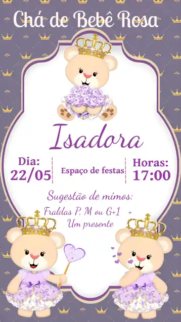 Convite Chá De Fraldas Ursinha Princesa Roxo – tema Chá de Fraldas lilás, roxo, dourado, glitter, princesa, infantil