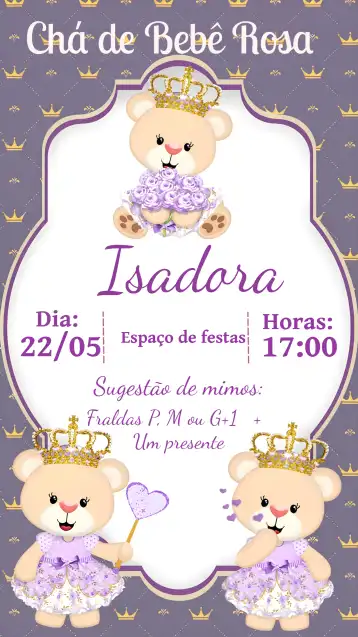 Invite Princess Purple Teddy Bear Baby Shower editable and customizable