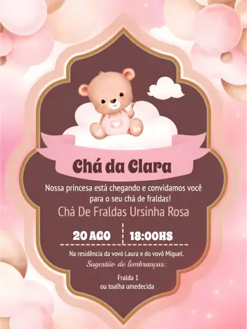 Convite Chá De Fraldas Ursinha Rosa editável e personalizável