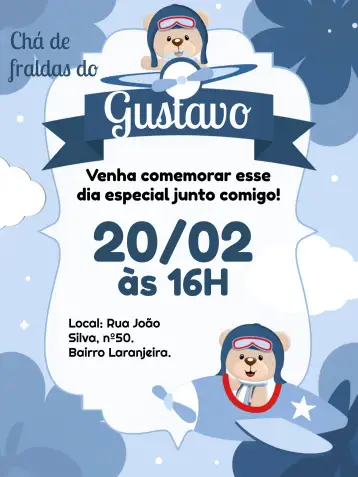 Convite Chá De Fraldas Ursinho Aviador Preto para chá de fraldas para meninos – tema chá de fraldas (moderno, divertido, aeroespacial, azul e branco, nuvens, ursinhos)