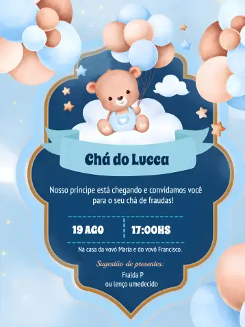 Convite Chá De Fraldas Ursinho Balão para chá de fraldas para celebrar a chegada do bebê. – tema chá de fraldas (animais fofos, balões coloridos, estilo infantil, azul e branco, ilustrações delicadas)