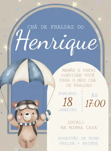 Convite Diaper Shower Watercolor Bear Balloon para diaper shower to celebrate the baby's arrival. – tema diaper shower (watercolor, teddy bear, light blue, balloons, childlike, fun)