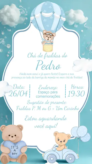 Convite Chá De Fraldas Ursinho Baloeiro Azul para chá de fraldas para celebrar a chegada do bebê. – tema chá de fraldas (azul, branco, lúdico, fofo, balões, ursinho)