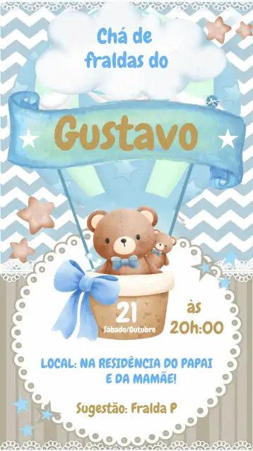 Convite Chá De Fraldas Ursinho Baloeiro Branco editável e personalizável