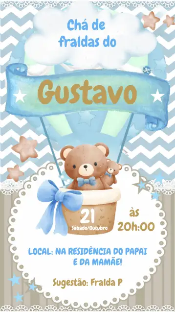 Convite Chá De Fraldas Ursinho Baloeiro Branco editável e personalizável