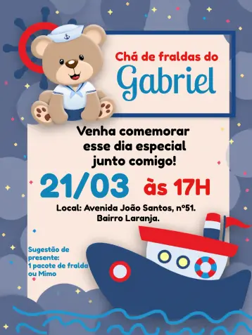 Invitación Baby Shower Temática Marinero Oso Barco editable y personalizable