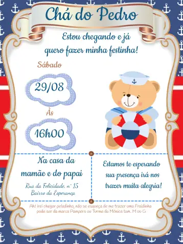 Convite Baby Shower Oso Marinero Dorado para baby shower. – tema baby shower (marinero, dorado, azul, blanco, lúdico, divertido)
