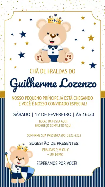 Convite Chá De Fraldas Ursinho Príncipe Azul – tema Chá de Fraldas azul, dourado, ursinho, estrelas, realeza, infantil
