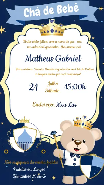 Invitación Baby Shower Oso Príncipe Azul editable y personalizable