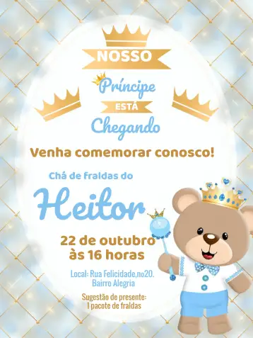 Convite Baby Prince Teddy Bear Diaper Shower para baby shower for a boy. – tema diaper shower (blue, gold, sparkle, princess, teddy bear, royalty)