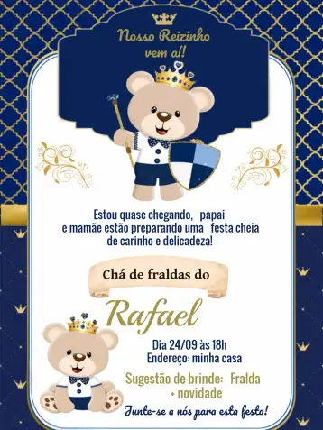 Convite Chá De Fraldas Ursinho Príncipe Branco editável e personalizável