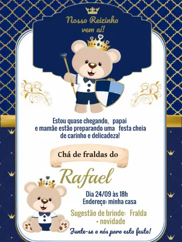 Convite Chá De Fraldas Ursinho Príncipe Branco para chá de fraldas para celebrar a chegada do bebê. – tema chá de fraldas (realeza, azul marinho, dourado, branco, ursinho, baloeiro)
