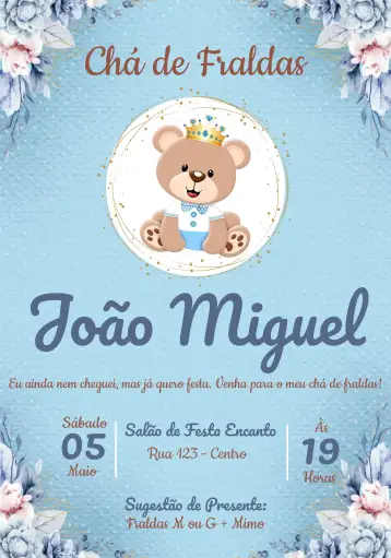Convite Baby Shower Príncipe Oso Niña para baby shower para niñas. – tema baby shower (floral, rosa, dorado, infantil, moderno, oso)