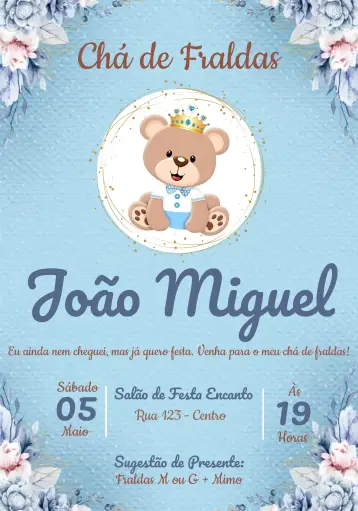 Invitación Baby Shower Príncipe Oso Niña editable y personalizable