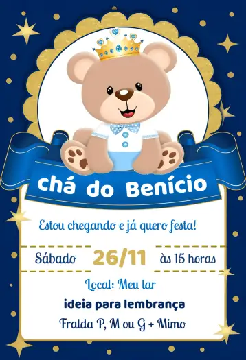 Convite Chá De Fraldas Ursinho Príncipe Mimo para chá de fraldas para meninos. – tema chá de fraldas (azul, dourado, ursinhos, infantil, delicado, fofo)