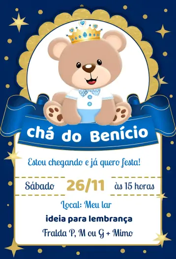 Convite Chá De Fraldas Ursinho Príncipe Mimo para chá de fraldas para meninos. – tema chá de fraldas (azul, dourado, ursinhos, infantil, delicado, fofo)