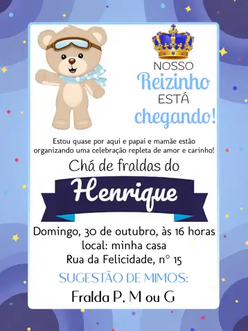 Convite Baby Shower Oso Príncipe Realeza para baby shower. – tema baby shower (azul y blanco, realeza, oso de peluche, moderno, elegante)