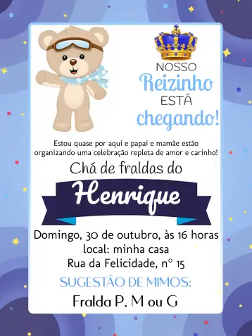 Invitación Baby Shower Oso Príncipe Realeza editable y personalizable