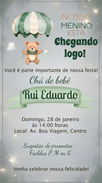 Convite Chá De Fraldas Ursinho Verde editável e personalizável