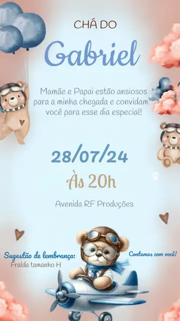 Convite Aviator Bear Watercolor Baby Shower para baby shower to celebrate the baby's arrival. – tema diaper shower (watercolor, cute, childlike, blue, aviator, playful)
