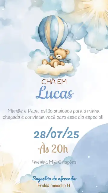 Convite Chá De Fraldas Urso Baloeiro Aquarela editável e personalizável