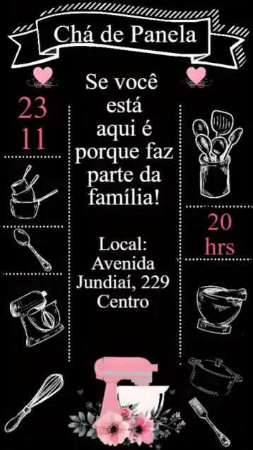 Convite Chá de Panela para ideal para celebrar um chá de panela com amigas e familiares. – tema chá de panela (floral, moderno, minimalista, vintage, colorido)