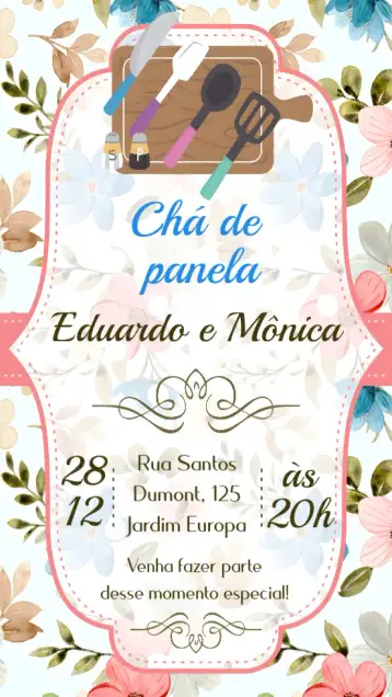 Convite Chá de Panela para chá de panela para celebrar a nova casa. – tema chá de panela (floral, minimalista, vintage, colorido, moderno, rústico)