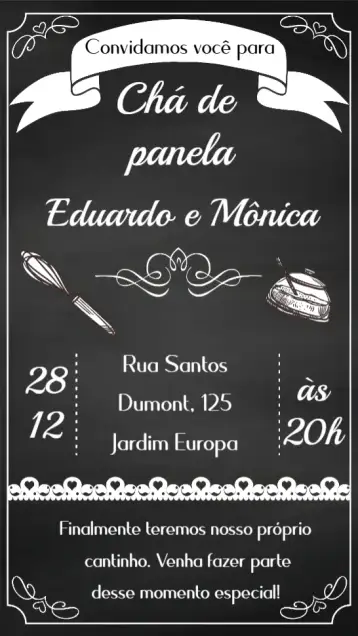 Convite Chá de Panela para ideal para celebrar chá de panela com amigos e familiares. – tema chá de panela (moderno, minimalista, floral, vintage, elegante)
