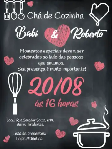 Convite Chá De Panela Cozinha para chá de panela para celebrar a nova vida a dois. – tema chá de panela (chalkboard, moderno, delicado, divertido, kitchen, minimalista)
