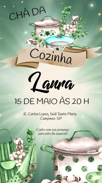 Convite Chá De Panela Verde para chá de panela. – tema chá de panela (floral, verde, elegante, moderno, natural, acolhedor)