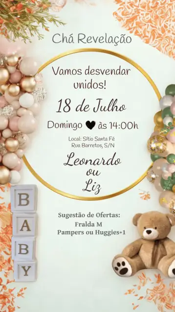 Convite Chá De Revelação Ursinho para chá de revelação para celebrar a chegada do bebê. – tema chá revelação (ursinho, dourado, lúdico, infantil, fofo, celebração)