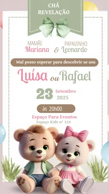 Convite Chá De Revelação Ursos Neném para chá de revelação do gênero do bebê. – tema chá revelação (rosa e verde, ursos, infantil, moderno, fofo, brincalhão)