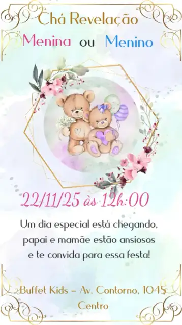 Convite Chá Revelação para chá de revelação de gênero do bebê. – tema chá revelação (fofo, colorido, infantil, lúdico, moderno)