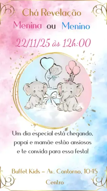 Convite Chá Revelação para chá de revelação, uma celebração divertida para descobrir o gênero do bebê. – tema chá revelação (elefantinhos, cores pastéis, estilo lúdico, design moderno, ilustrações divertidas)