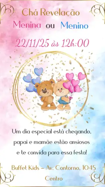 Convite Chá Revelação editável e personalizável